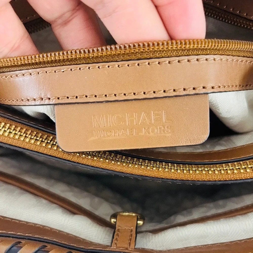 Michael Kors Straw Rattan Brown Leather Gold Chain Summer Bag Purse